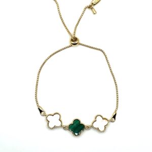 Vergulde Marokkaanse klaverarmband met parelmoer en malachiet M