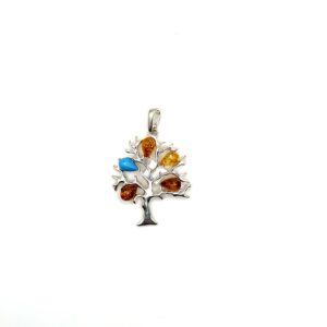 Zilveren hanger met amber en turkoois, boom